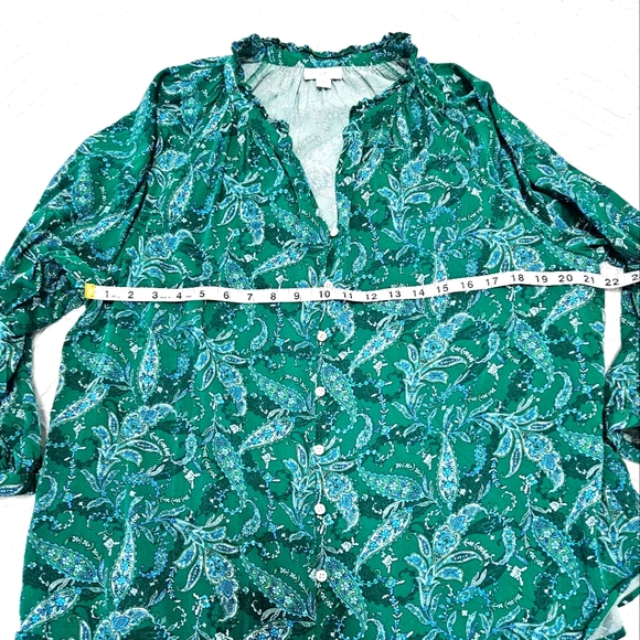 J. Jill Womens Ruffled Satin Top Paisley Tunic Top Button Up Cottagecore Green L - Picture 12 of 13